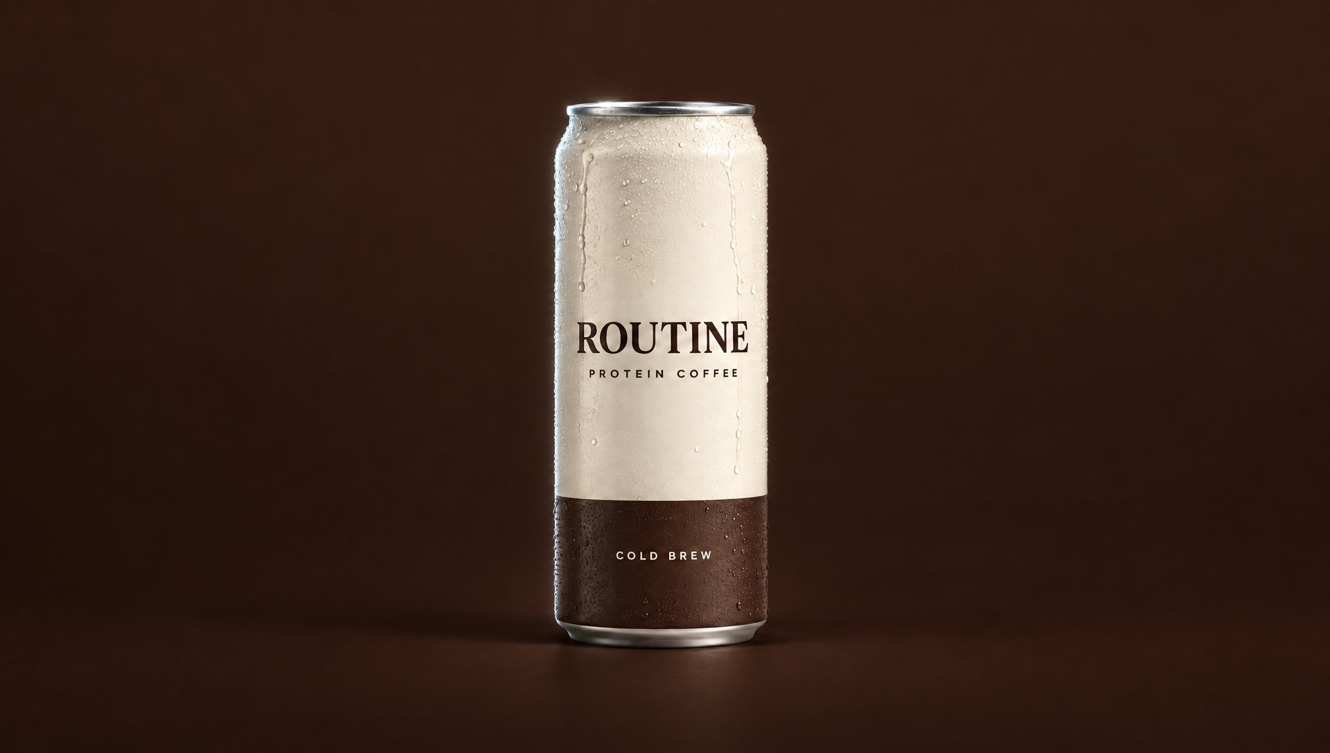 The Routine Classic Cold Brew can at poster scale on a deep espresso field